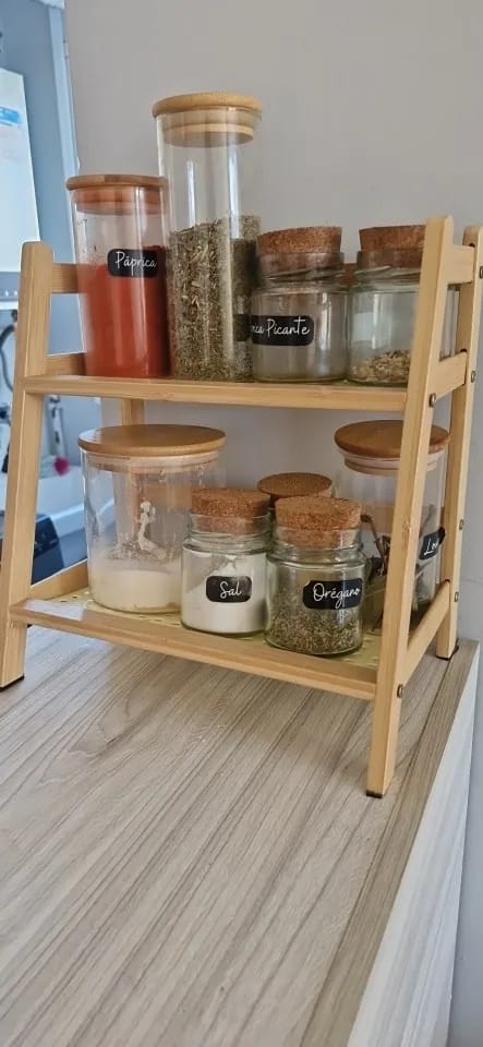 Customer photo review of 2-Tier Retro Bamboo Storage Shelf - Countertop Organizer for Kitchen & Dressing Table