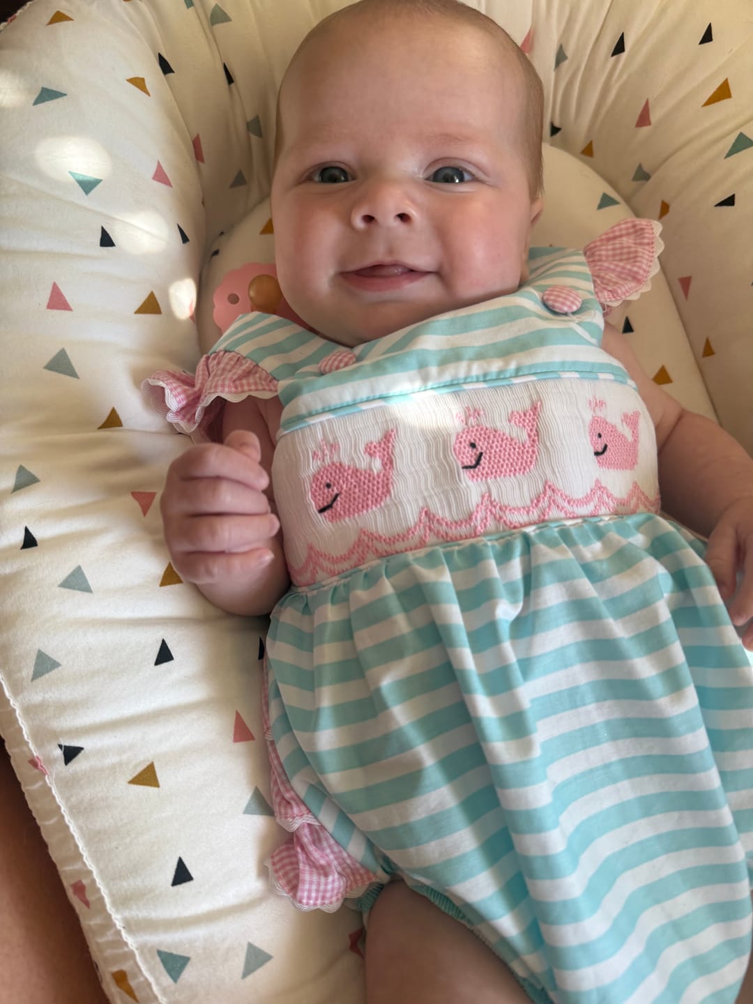 Customer photo review of Pacific Whale Mint Stripe Smocked Leah Bubble
