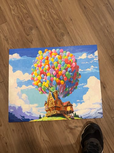 Reviewer's completed House in the Skies paint by numbers set showing a house floating with colorful balloons.