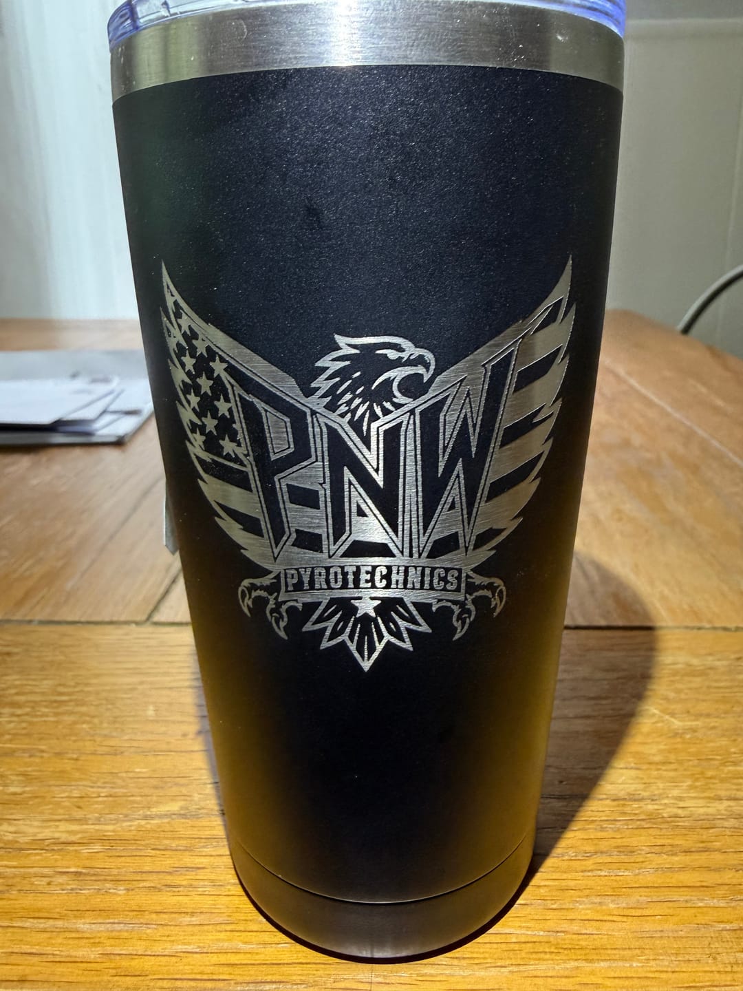 Customer photo review of $5 Sample - Custom 20 oz Tumbler with your Business Logo Engraved - Great Test Before Bulk Volume Order!