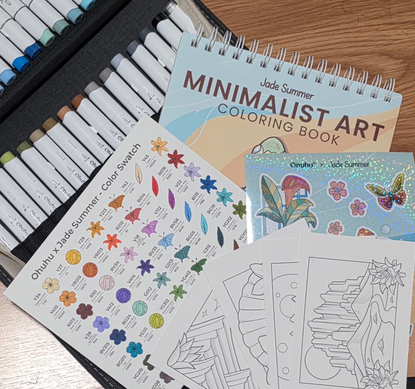 Customer photo review of Ohuhu x Jade Summer Alcohol Markers & Coloring Book Set, 47 Colors + 1 Colorless Blender, Honolulu B, Brush & Fine Dual Tips
