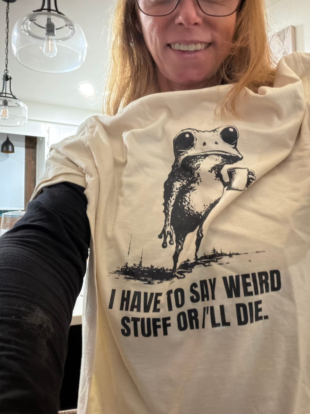 Customer photo review of I Have to Say Weird Stuff or I’ll Die Shirt Funny Vintage Frog Shirt