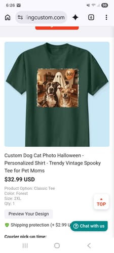 Customer's forest green Custom Dog Cat Photo Halloween shirt featuring two dogs and a ghost graphic.