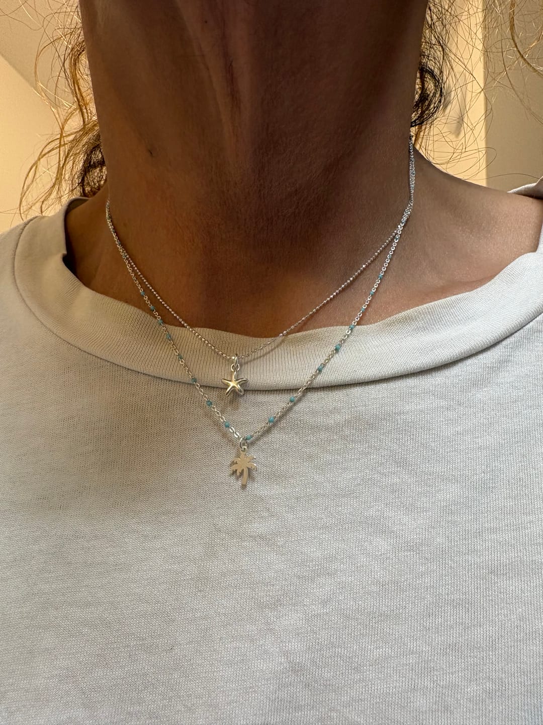Customer photo review of Collier double rang chaînes perles émaillées et chaîne boules facettées scintillantes pendentif palmier miroir femme argent 925 SPRITZ UNDER THE PALMS