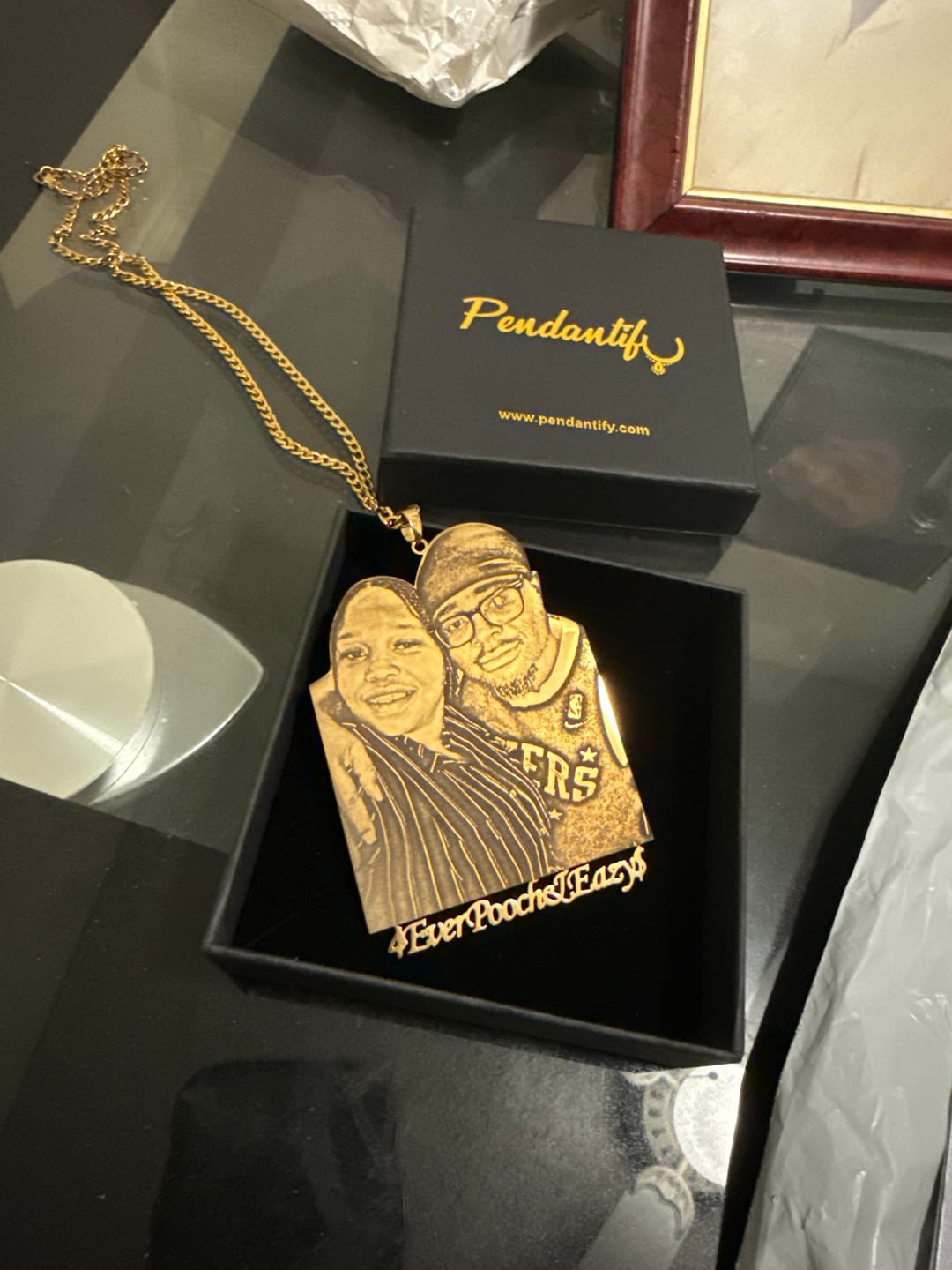 Customer photo review of Custom Photo Engraved Pendant Necklace