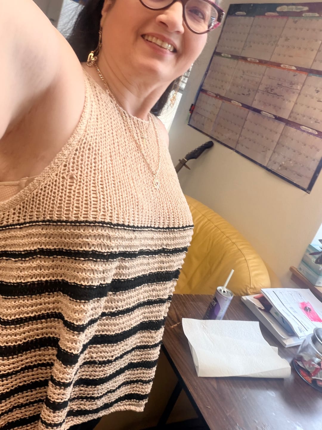 Customer photo review of Striped Oatmeal & Black Crochet Knit Tank Top FINAL SALE