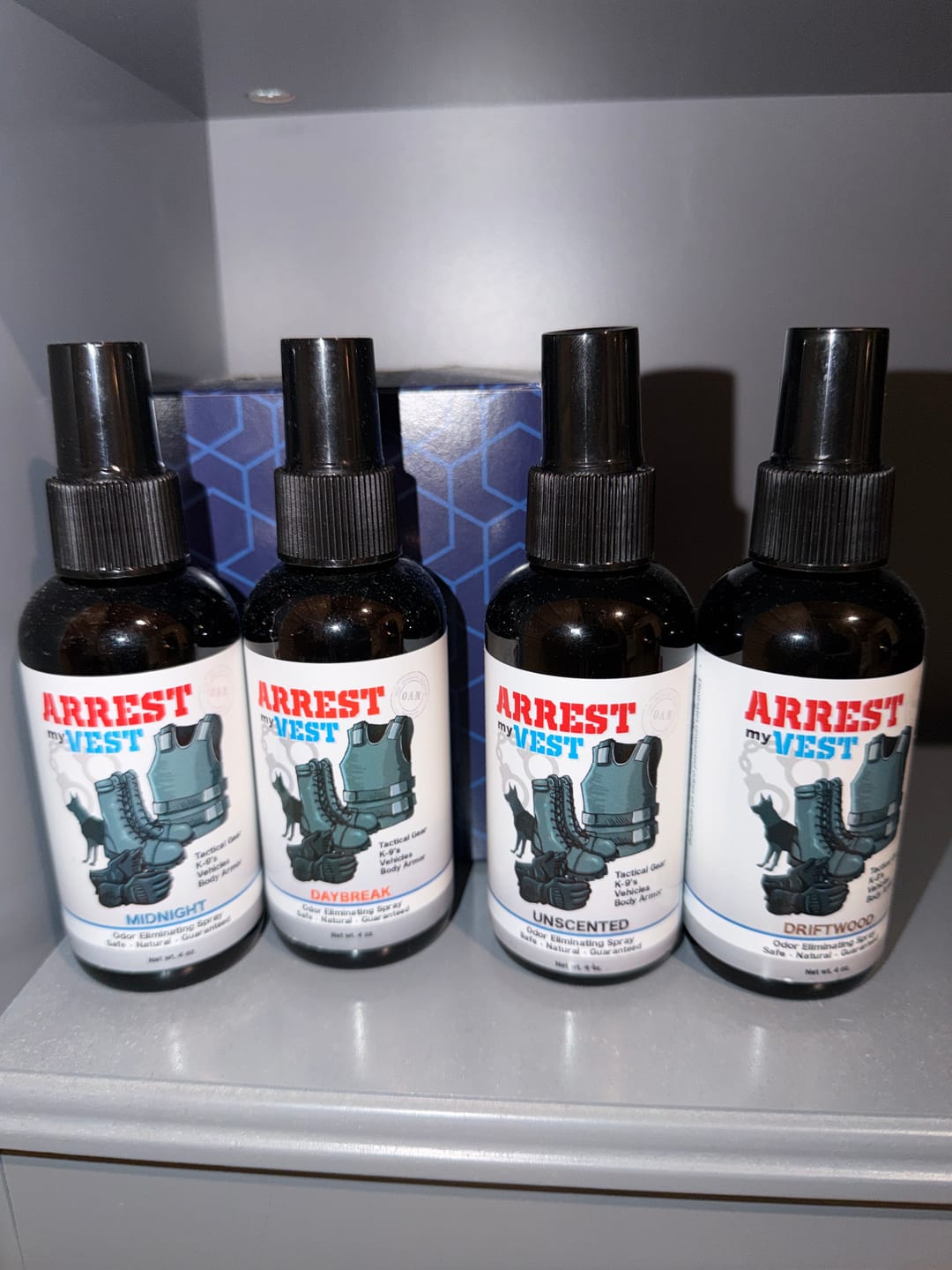 Customer photo review of 4 oz. Sampler Set: All 5 Arrest My Vest Fragrances + Unscented | Odor Eliminating Spray
