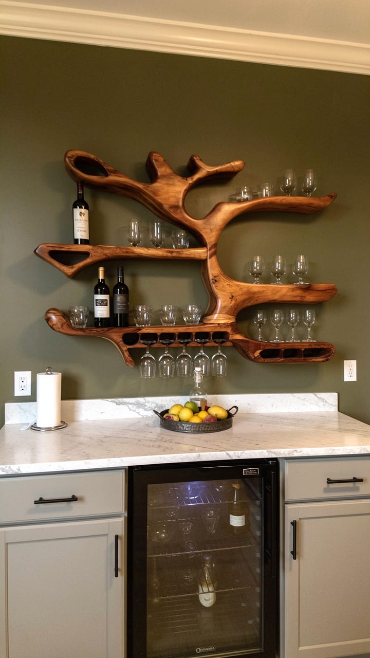 Customer photo review of Sculptural Organic Wall Wine Holder with Bottle Storage and Glass Rack