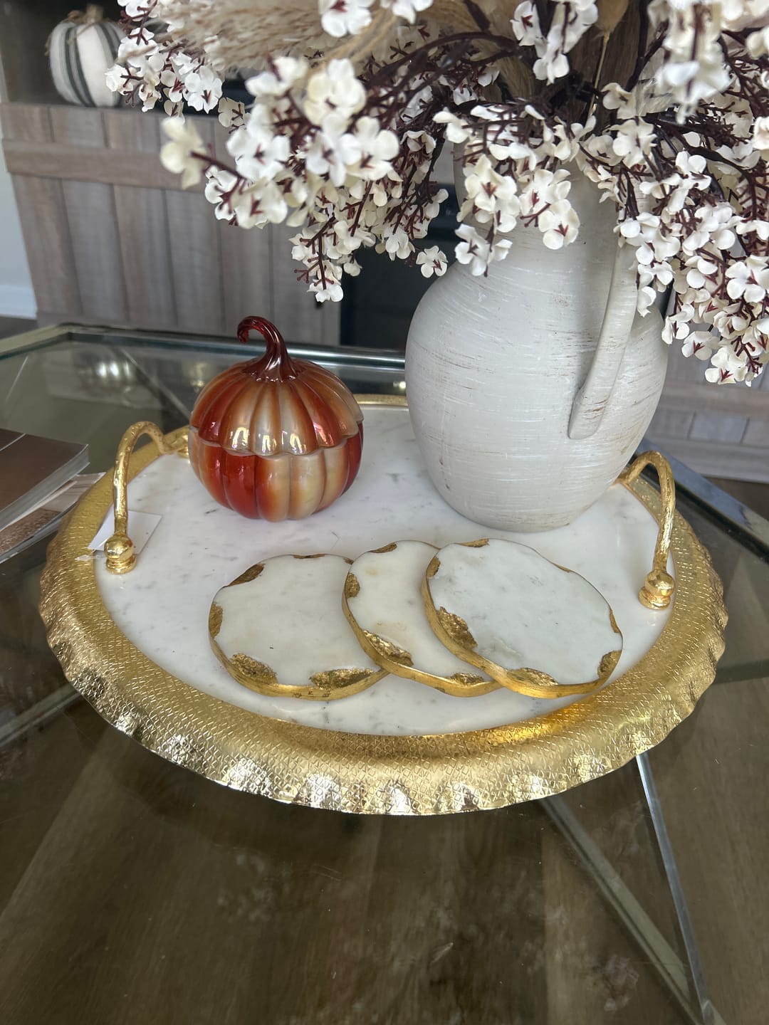 Customer photo review of White Marble Tray Gold Ruffled Design.