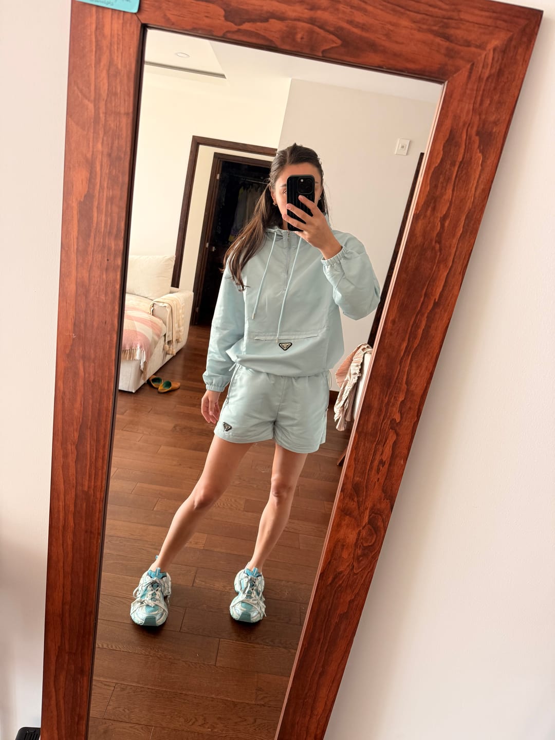 Customer photo review of Prada Half-zip Pullover Top and Shorts Light Blue in Polyester 234855