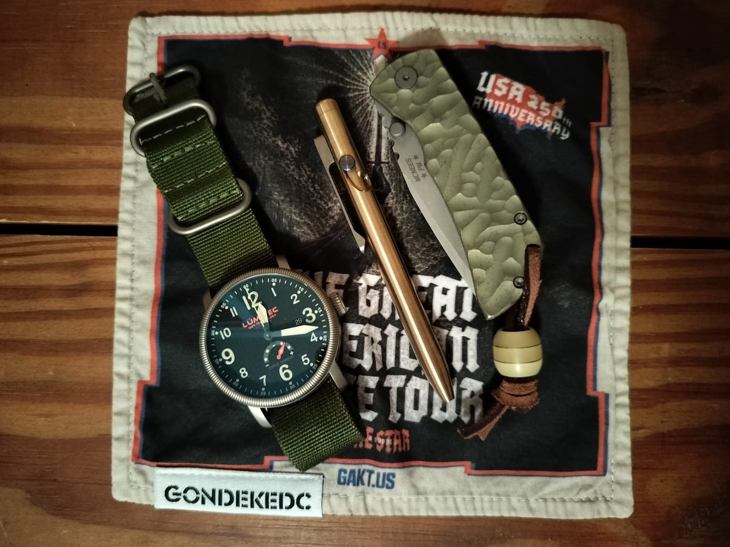 Customer photo review of GondekEDC The Great American Knife Tour™ Hamilton Hank - Limited Edition - 7x7 – Cotton & Microfiber Handkerchief – Made in USA (Pre-Order