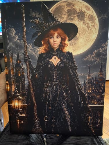 Customer's Gothic Enchantress portrait showing a woman as a witch against a full moon, held by a person.