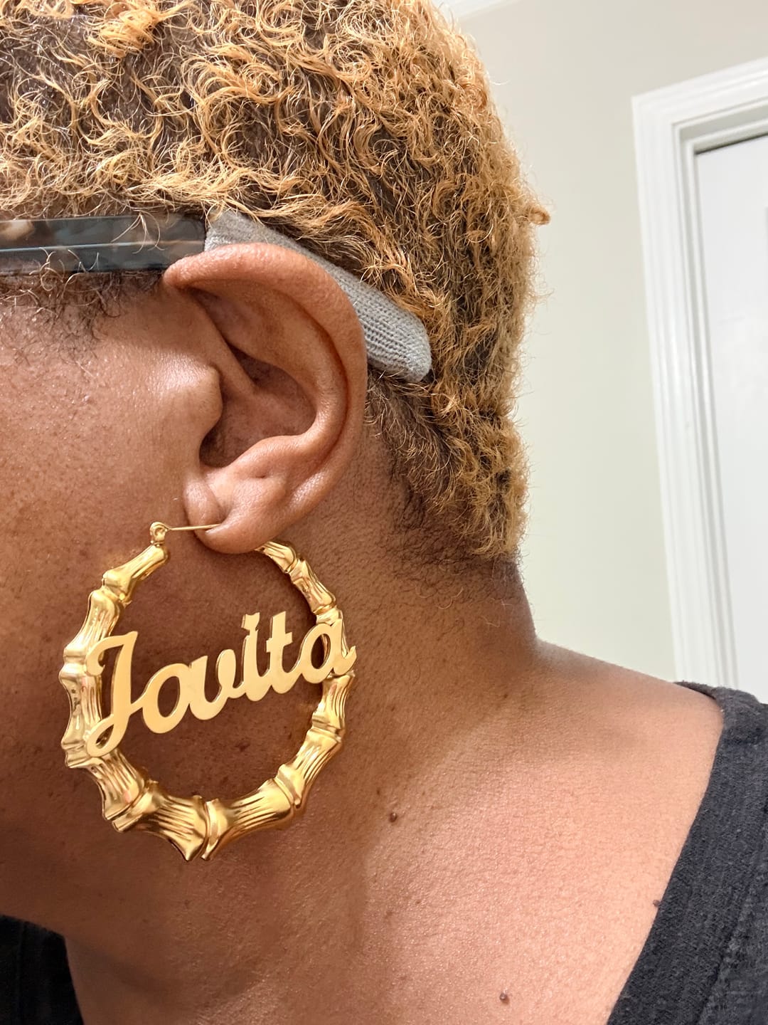 Customer photo review of Bamboo Name Hoop Earrings