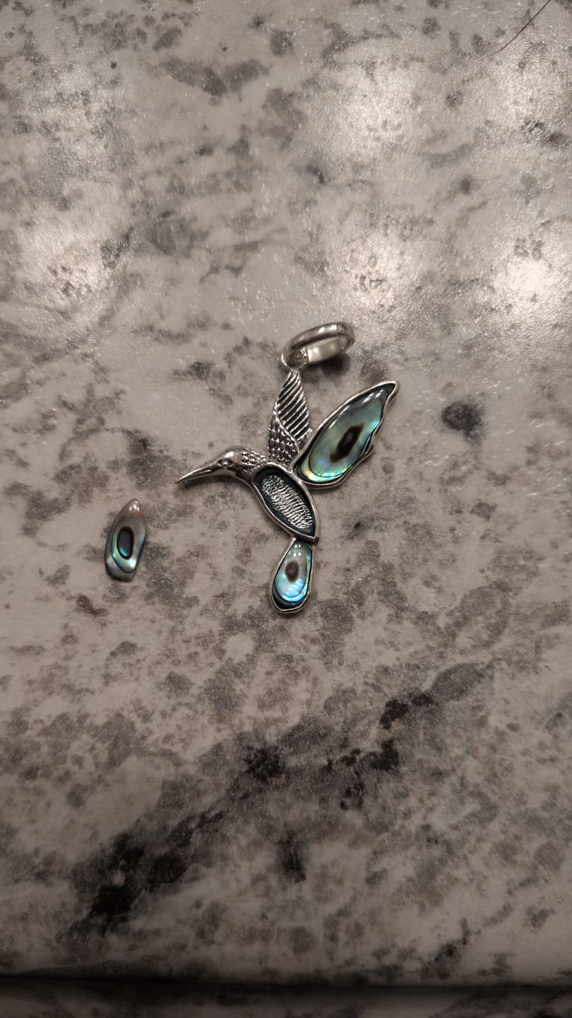 Customer photo review of Abalone Hummingbird Pendant