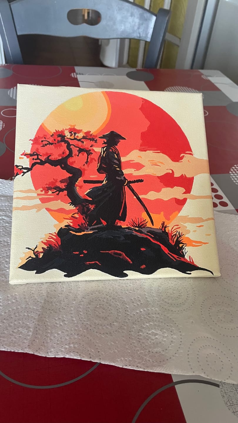 Customer photo review of Mini Peinture par Numéros 20x20cm avec cadre Samourai au coucher du soleil