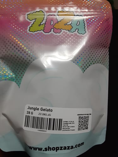 Reviewer's holographic Jungle Gelato packaging pouch from ZAZA, showing label details and barcode.