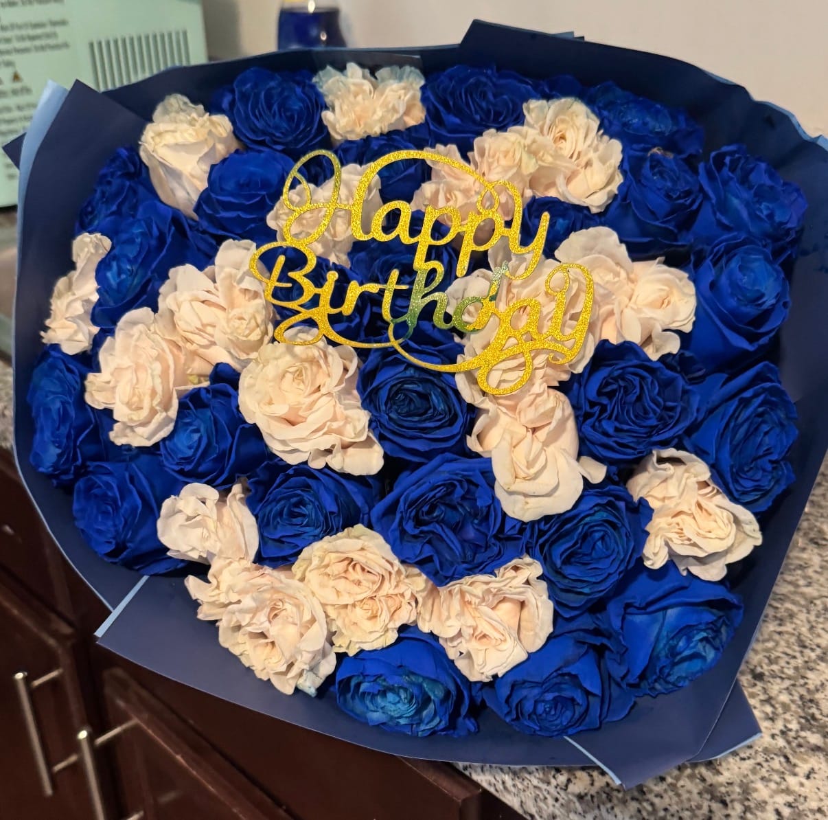 Customer photo review of Blue & White Rose Bouquet