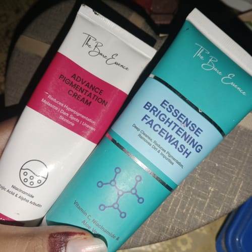 Customer's Eco Pigmentation Bundle, showing a white and pink cream tube next to a light blue facewash tube.