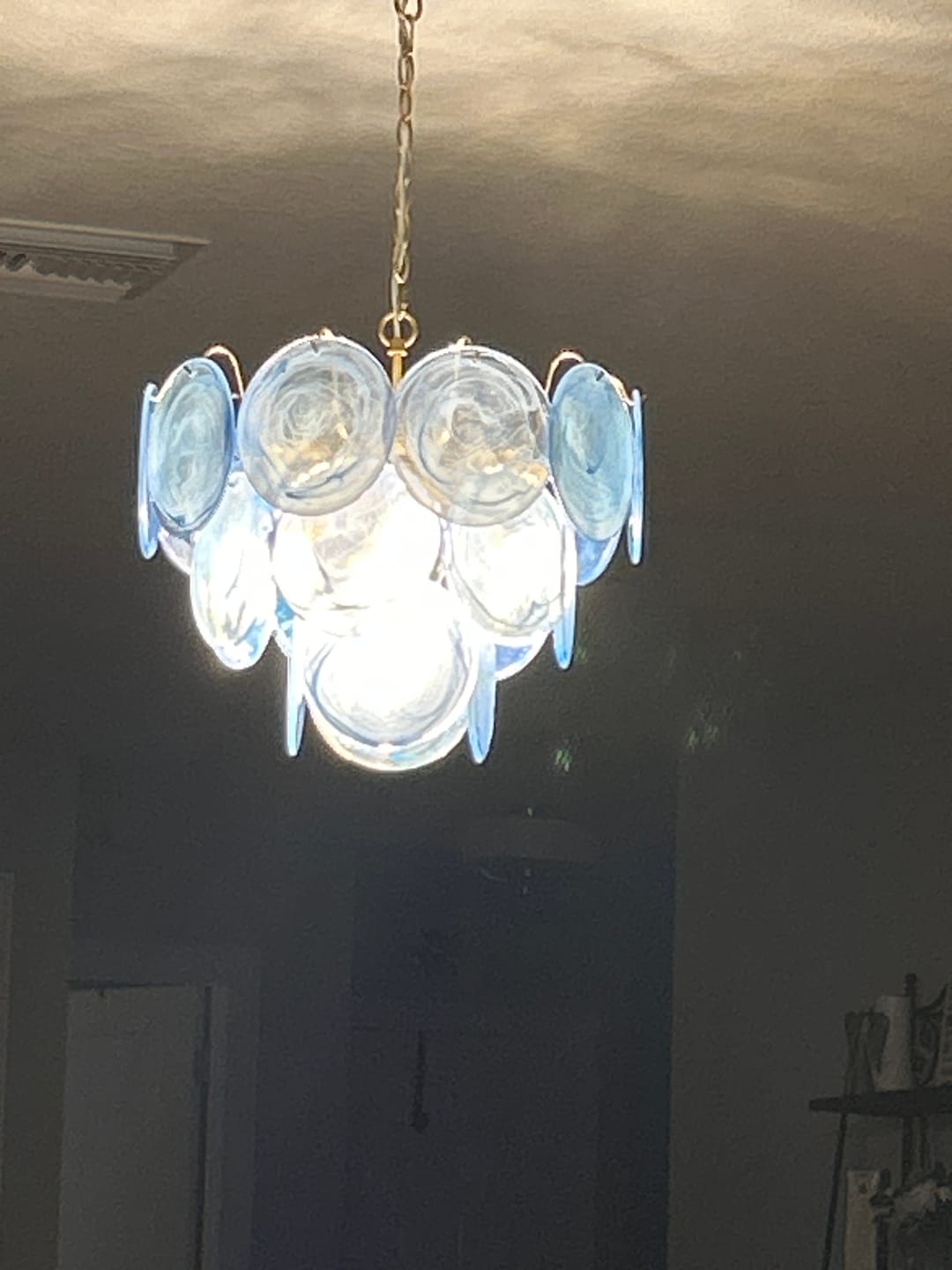 Customer photo review of Glam Blue Iridescent Swirl Glass Round Tiered Chandelier