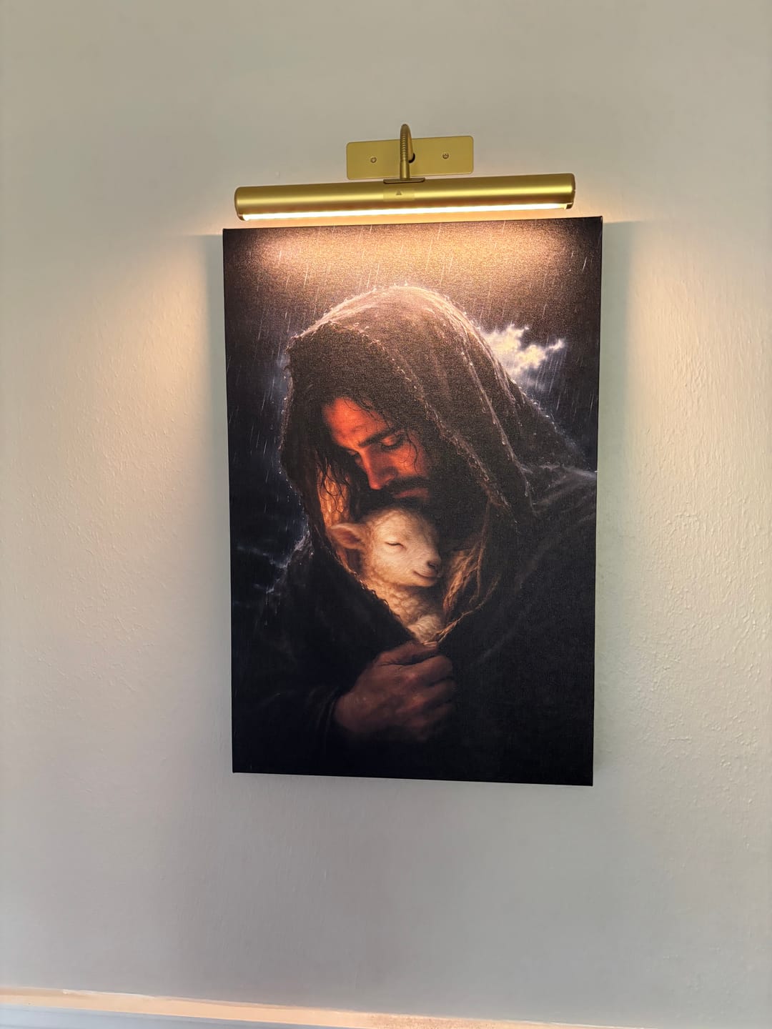 Customer photo review of The Good Shepherd Shelters His Lamb In The Rain – Luke 15 – Christian Wall Art Canvas