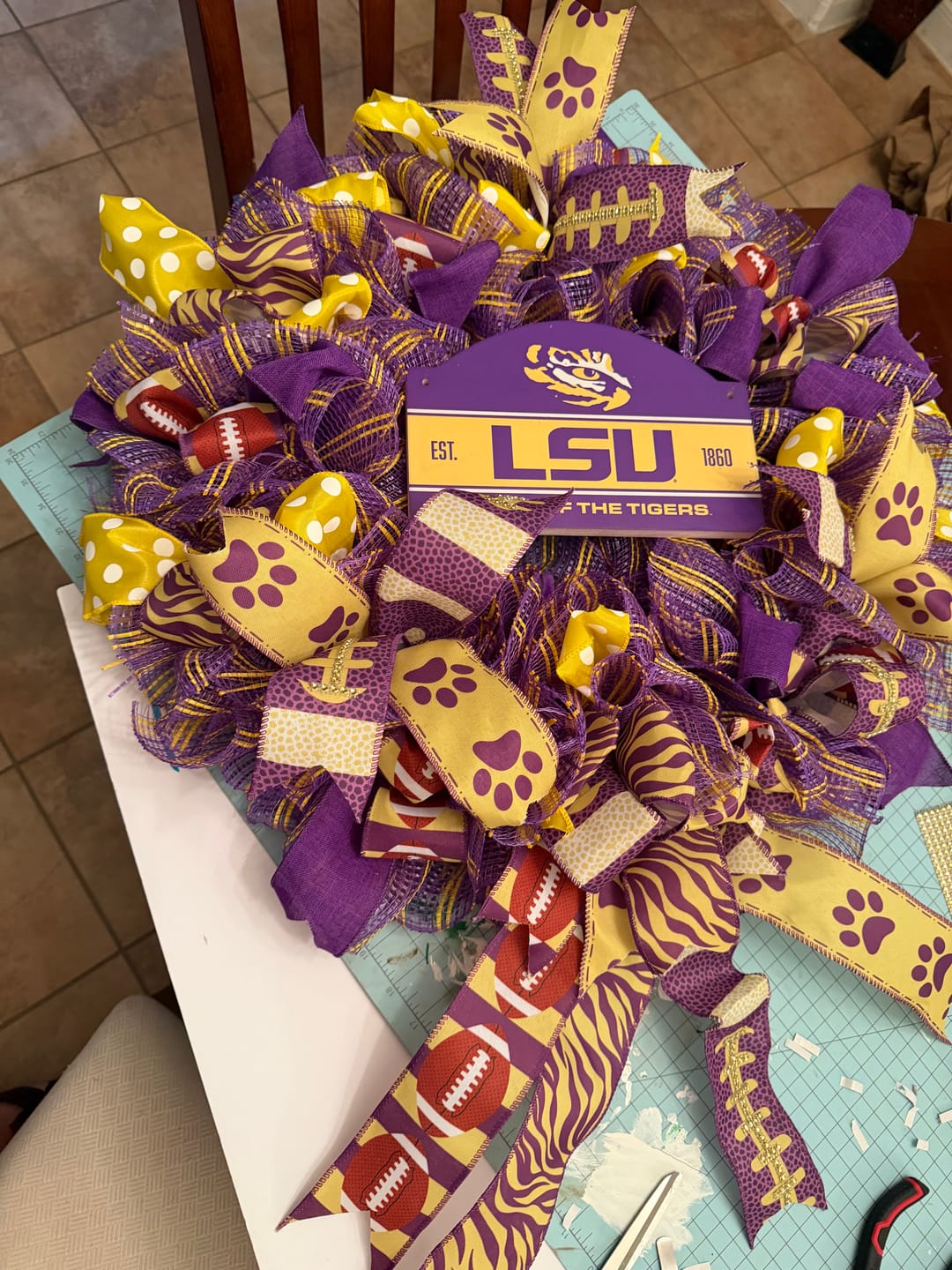 Customer photo review of 10"X10Yd Horizontal Wide Stripe Mesh Purple/Yellow RE8902WE