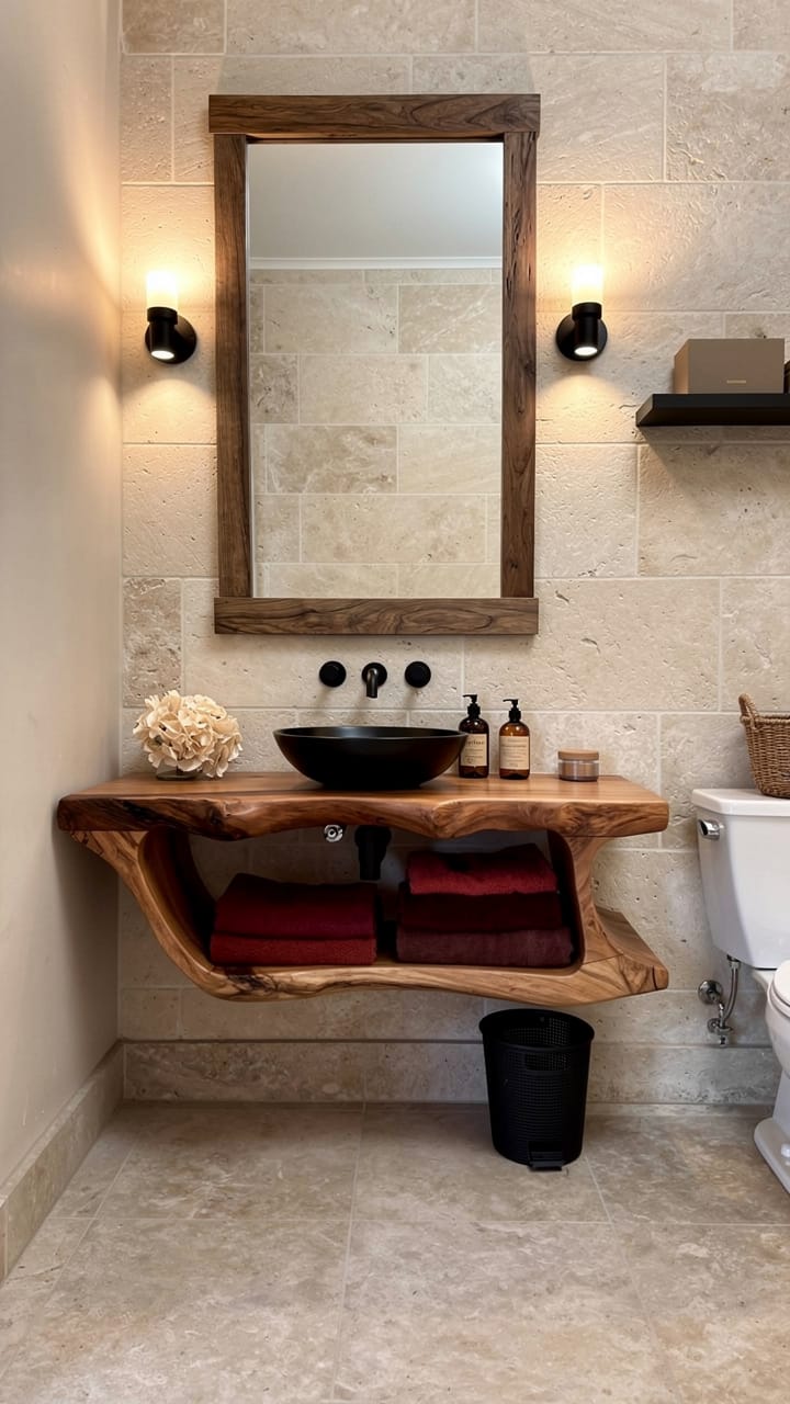 Customer photo review of Floating Wood Bathroom Vanity with Sculptural Curved Base and Open Shelf