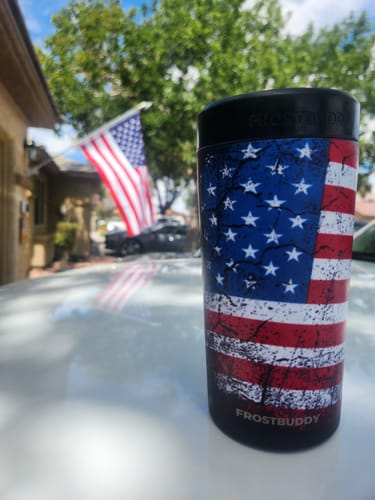 Customer's Universal XL featuring a vintage American flag pattern, sitting on a white surface with a flag in the back.