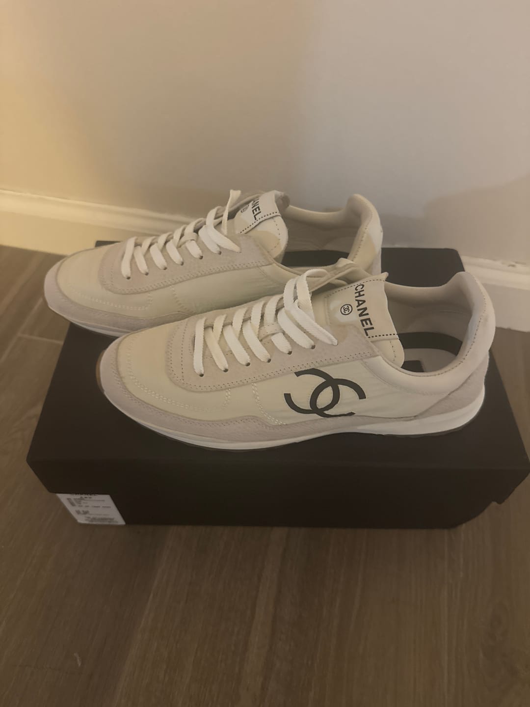 Customer photo review of Chanel 2026 Sneaker White Black Fabric And  Embossed Suede Calfskin