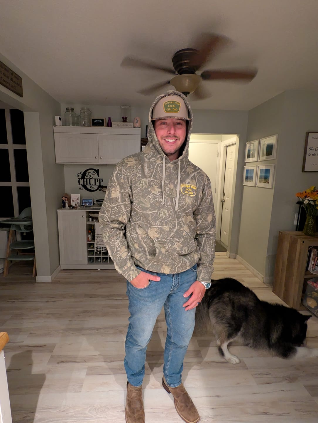 Customer photo review of Support Your Local Girl Dad Hoodie (Tree Camo Edition)