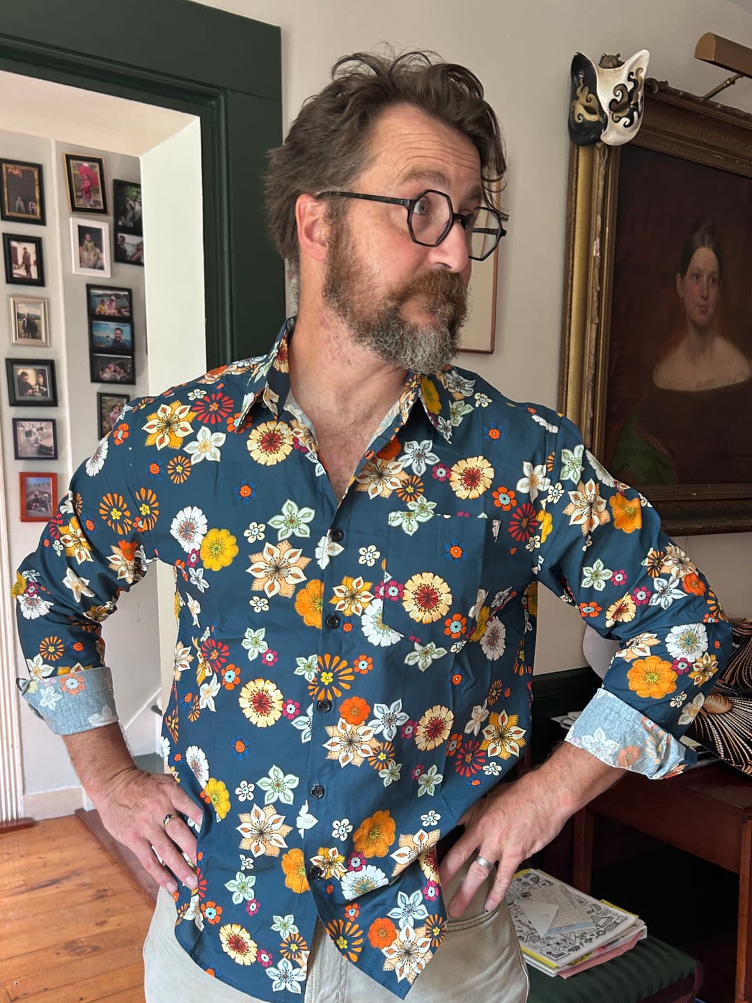 Customer photo review of Men's Blue Floral Print Casual Long Sleeve Shirt