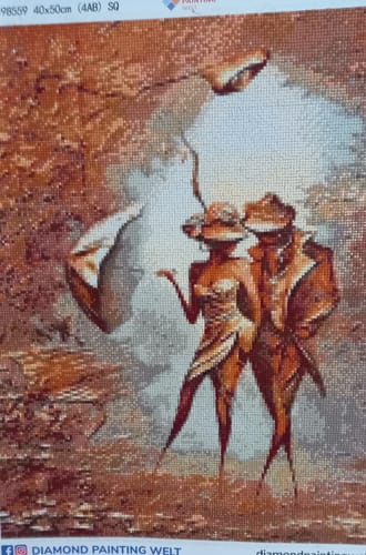Customer's fertiggestelltes Mann und Frau Kunst Diamond Painting mit braunen Farbtönen und einem Regenschirm Motiv.