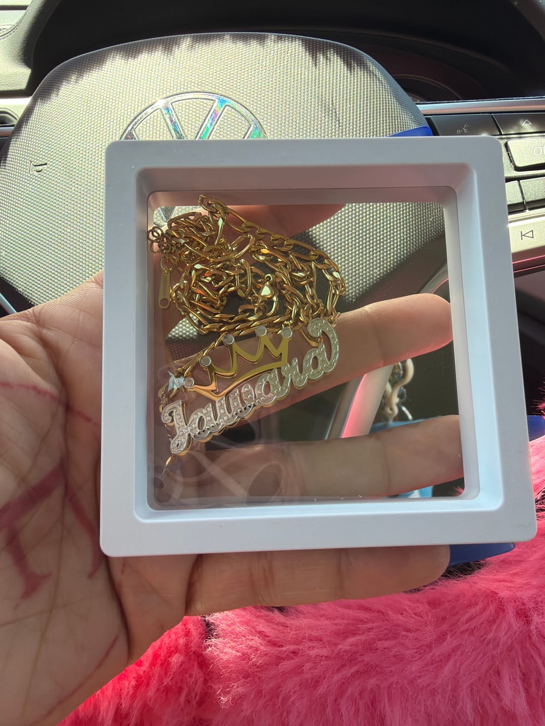 Customer photo review of Double Plated Crown Name Necklace w/ Figaro Chain