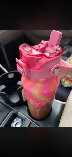 Customer's Sherbet Drip Bottle Buddy 32oz sitting in a car cup holder with its pink lid open.
