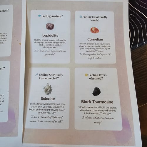 Customer's VIP Crystal Club infographic showing crystal rituals for emotional states like anxiety and feeling numb.