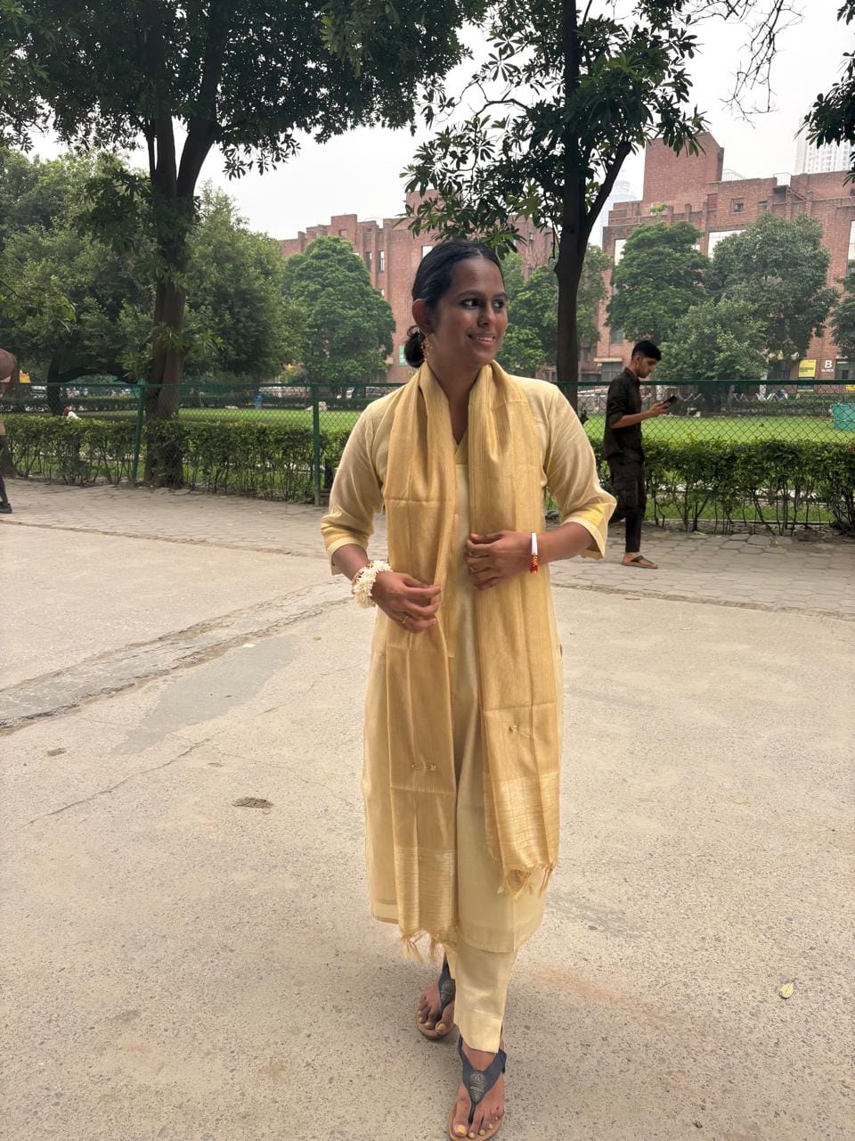 Customer photo review of Golden Tissue Pencil Pants