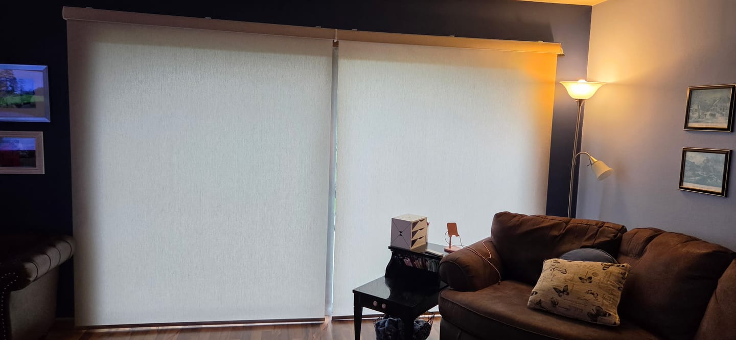 Customer photo review of Smart Motorized Light Filtering Roller Shades 70% Blackout Linen Translucent