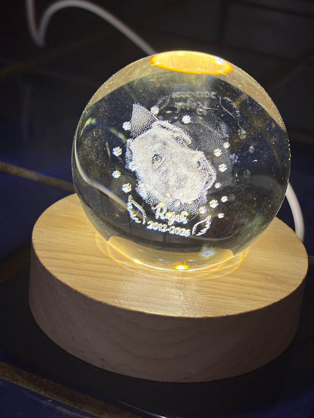 Customer photo review of Memorial Personalized Crystal Ball LED Night Light