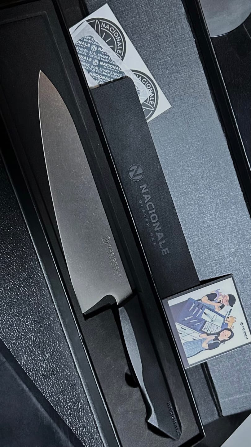 Customer photo review of 215mm Chefs Knife. AUS8 Steel. Recycled Plastic Skateboard Material Handle