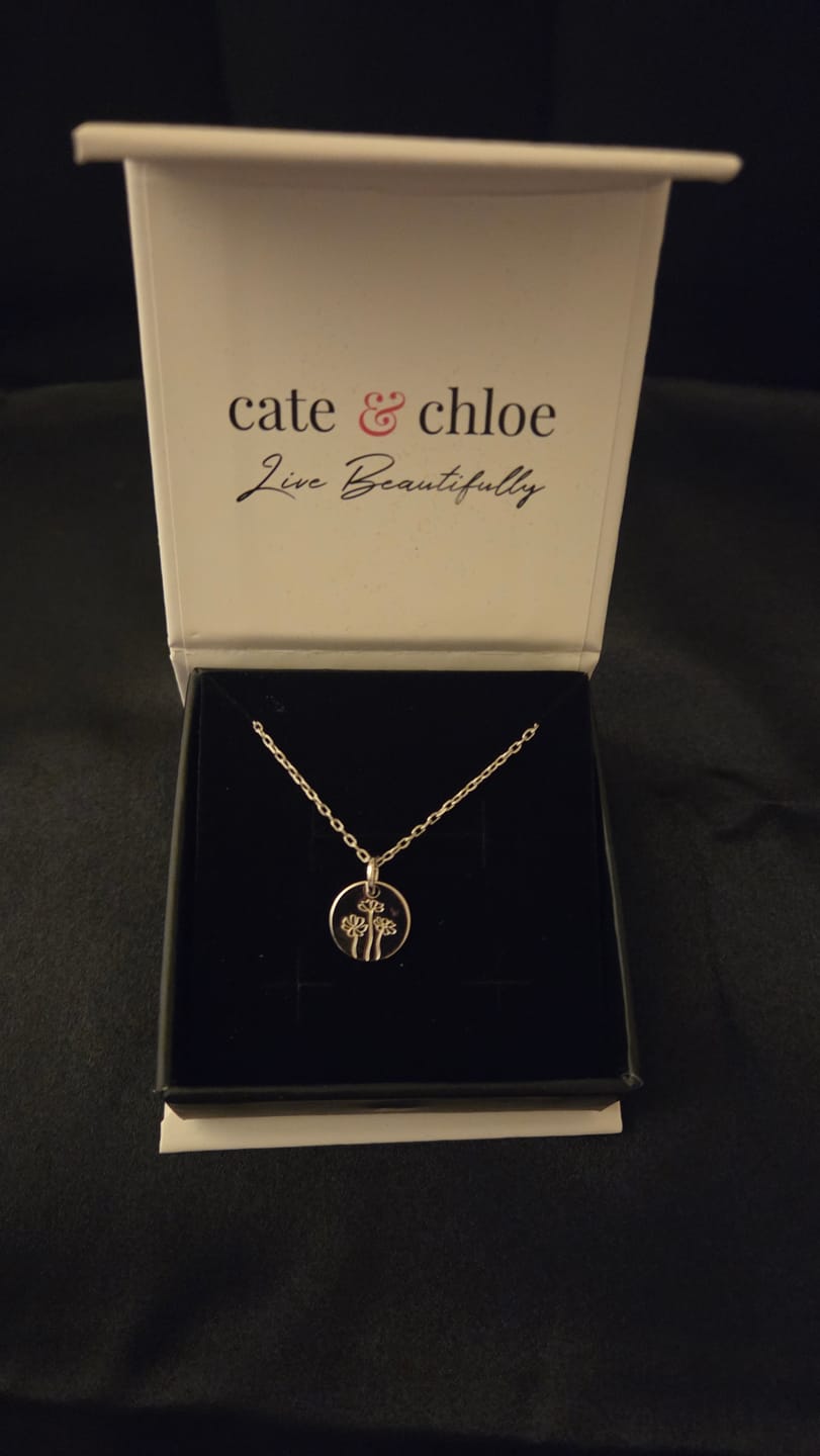 Customer photo review of Floral 18k White Gold Plated Engraved Birth Month Flower Pendant Necklace