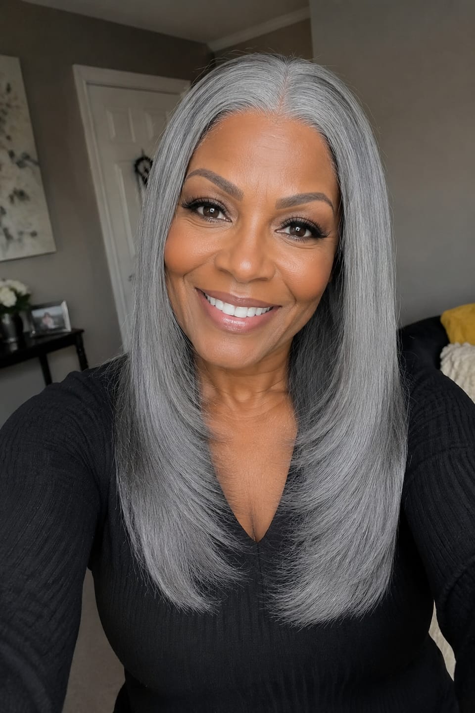 Customer photo review of Luvwin Salt & Pepper Gray Straight Layered Cut Beginner Friendly Glueless Wig 100% Human Hair