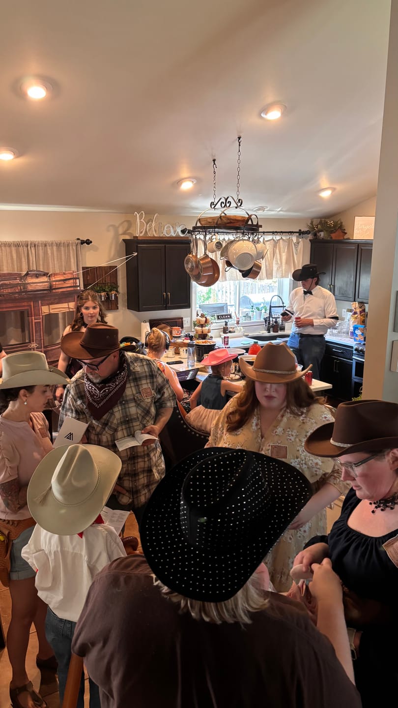Customer photo review of Replay-able Cowboy Wild West Murder Mystery Dinner Game for Up to 20 Adults - Host Your Own Dinner Party Game Night - Cowboy & Wild West Theme - Cowboy Fancy Dress Dinner PartyV2