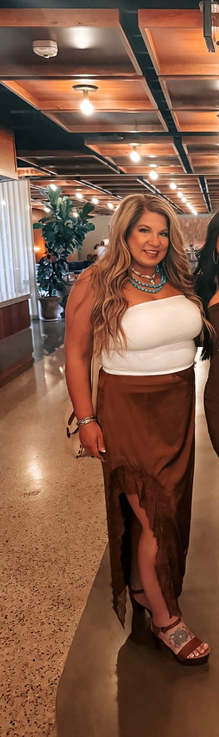 Customer photo review of Brown Satin Maxi Skirt With Lace Details FINAL SALE