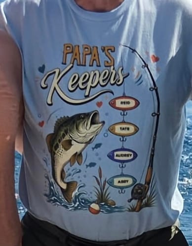 Customer's light blue Grandpa's Keepers personalized fishing shirt with a bass, rod, and lure graphic.