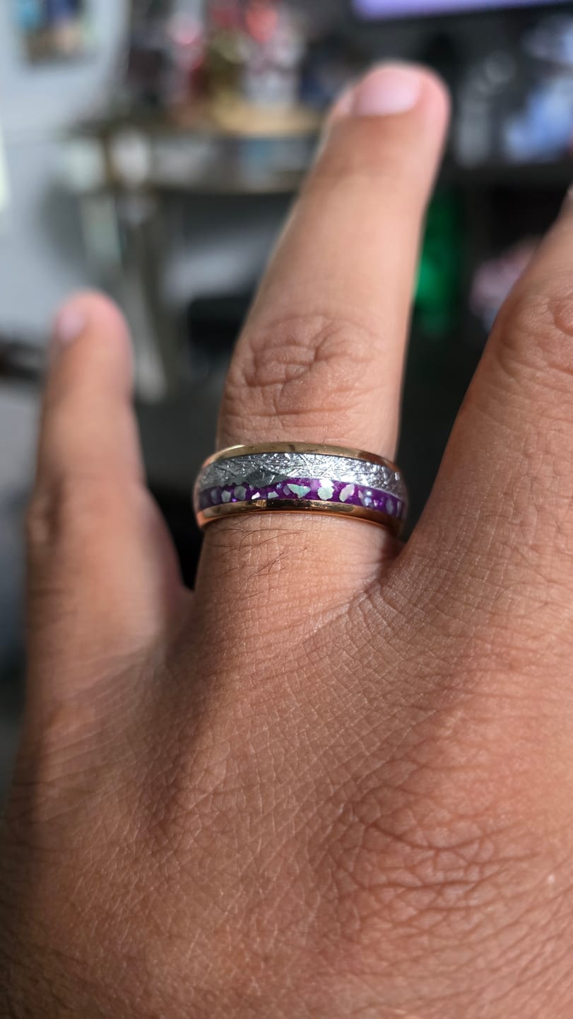 Customer photo review of 8mm- Rose Gold Arrow Ring, Tungsten Dome Ring, W/ Purple Agate & Meteorite Inlay