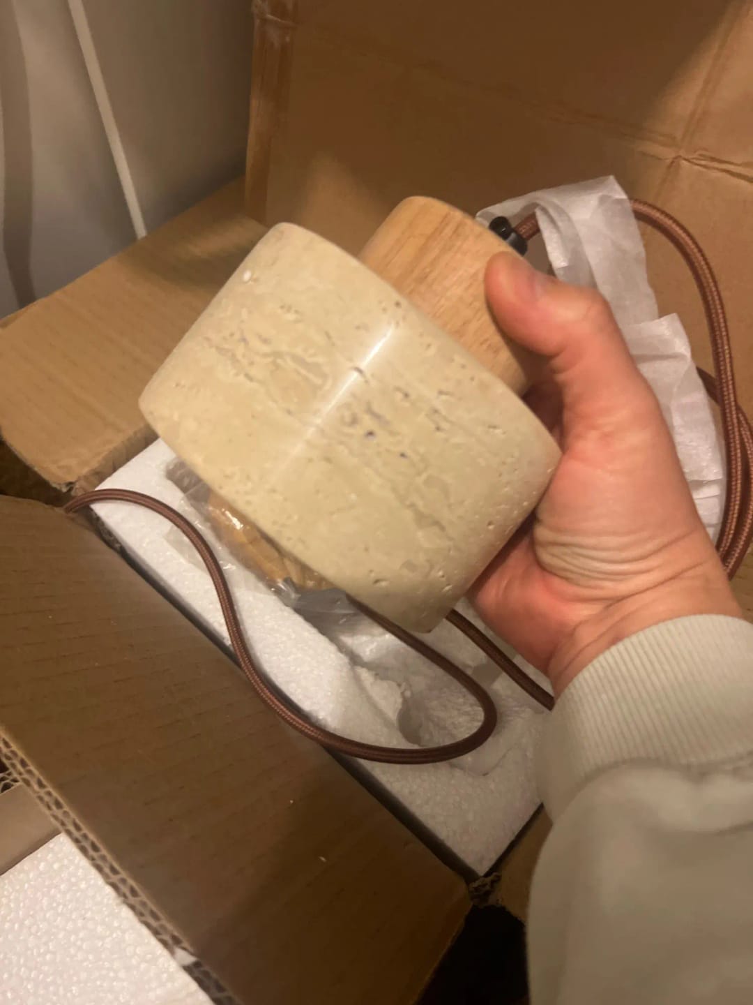 Customer photo review of Stone Pendant Light With Textured Shade And Wooden Accent 12 Inch