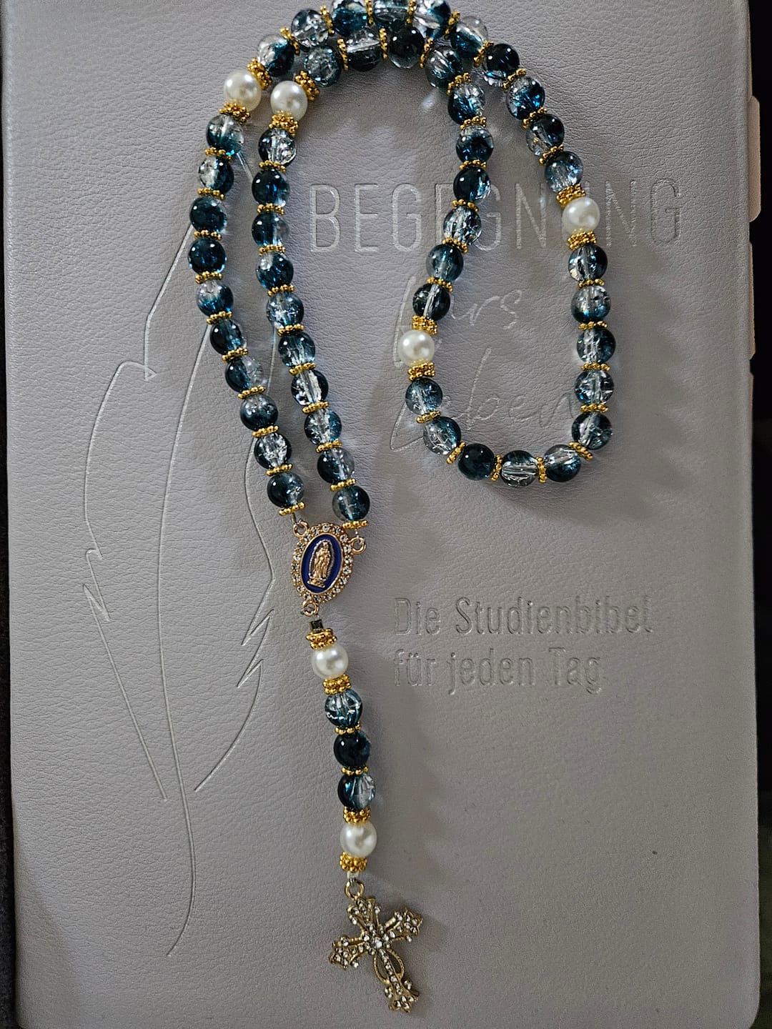 Customer photo review of FREE Today: Blue Crackle Glass Bead Rosary for Daily Marian Devotion