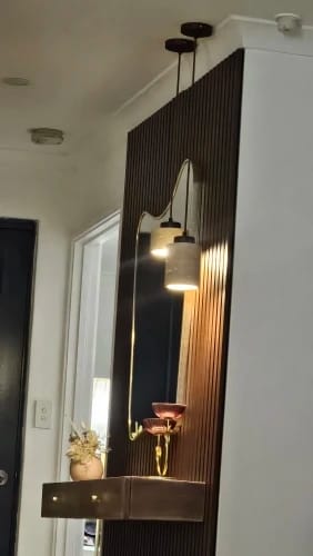 Customer photo review of Stone Pendant Light With Textured Shade And Wooden Accent 12 Inch
