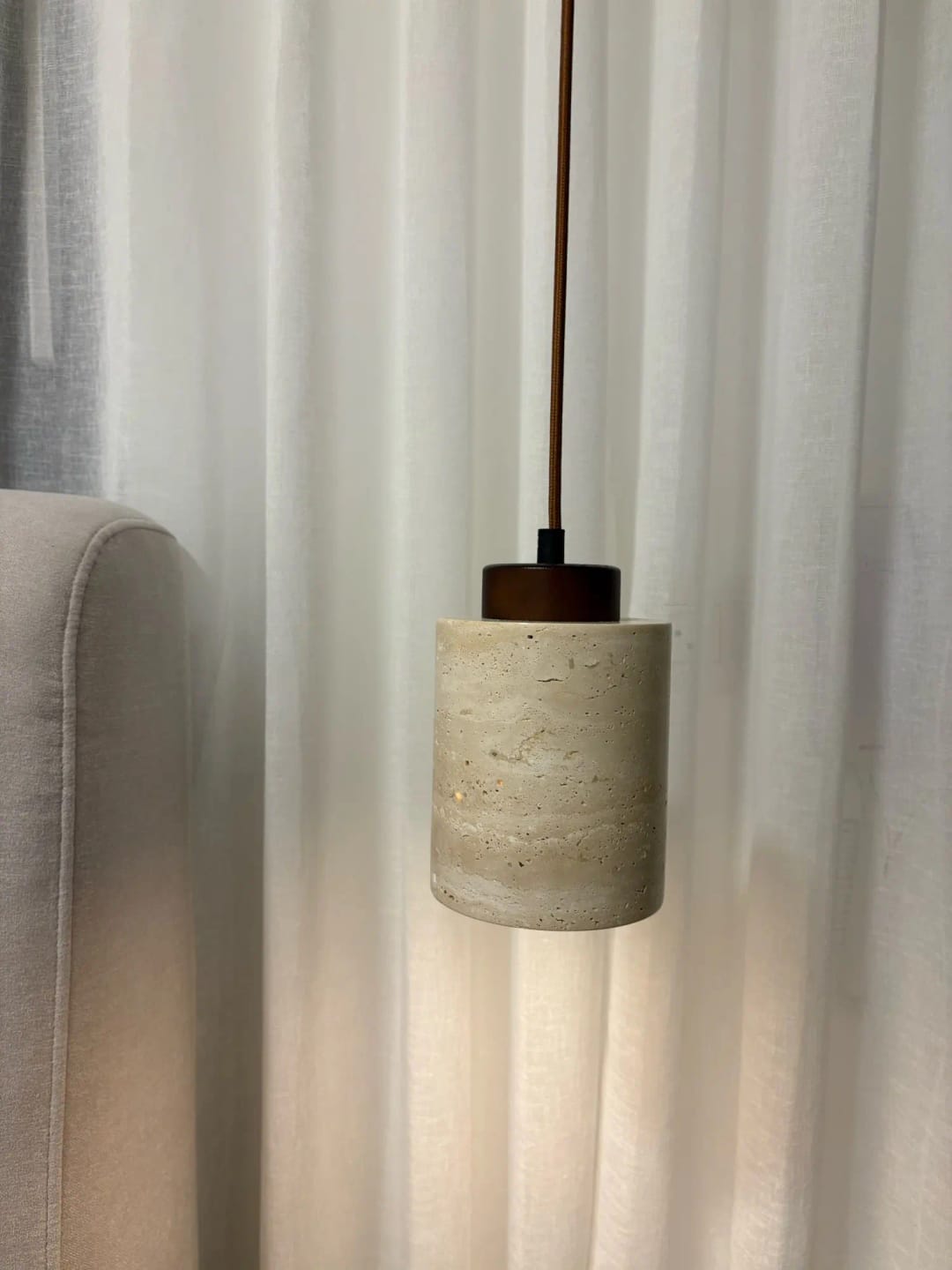 Customer photo review of Stone Pendant Light With Textured Shade And Wooden Accent 12 Inch