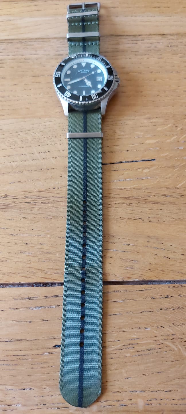Customer photo review of Premium Woven Seatbelt Military Style Watch Strap - Military Green Black Pin Stripe