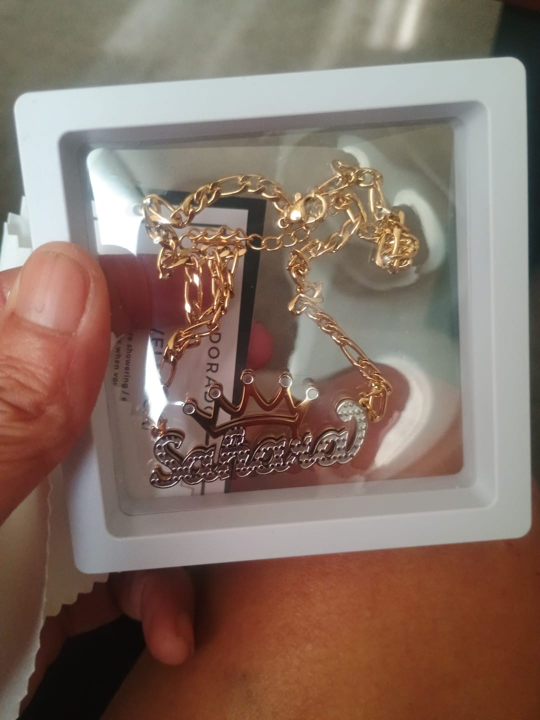 Customer photo review of Kids Double Plated Crown Name Necklace w/ Figaro Chain